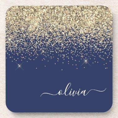 Gold Navy Blue Glitter Script Monogram Girly Name Beverage Coaster