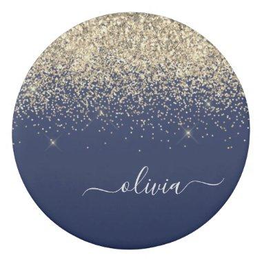 Gold Navy Blue Glitter Script Monogram Girly Name Eraser