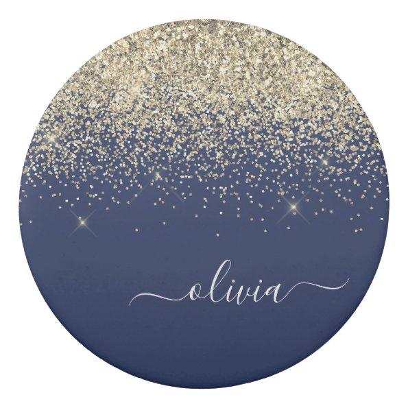 Gold Navy Blue Glitter Script Monogram Girly Name Eraser