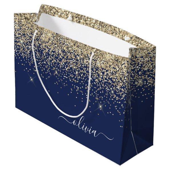Gold Navy Blue Glitter Script Monogram Girly Name Large Gift Bag