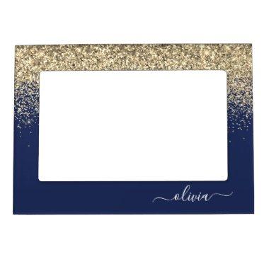 Gold Navy Blue Glitter Script Monogram Girly Name Magnetic Frame