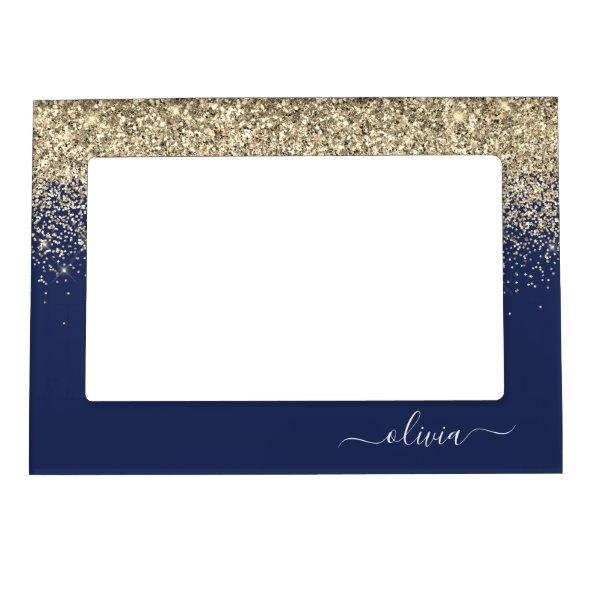 Gold Navy Blue Glitter Script Monogram Girly Name Magnetic Frame