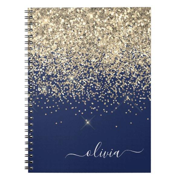 Gold Navy Blue Glitter Script Monogram Girly Name Notebook