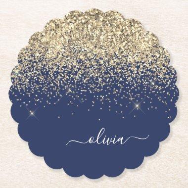 Gold Navy Blue Glitter Script Monogram Girly Name Paper Coaster