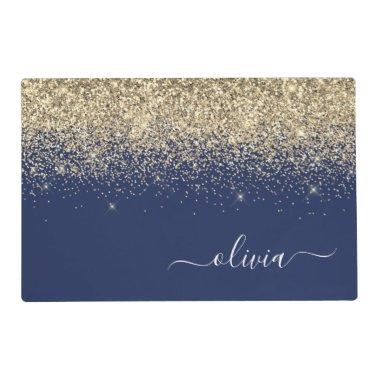 Gold Navy Blue Glitter Script Monogram Girly Name Placemat
