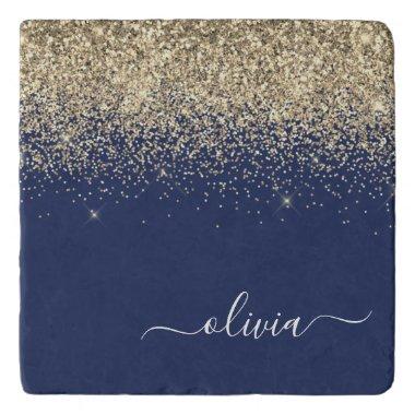 Gold Navy Blue Glitter Script Monogram Girly Name Trivet