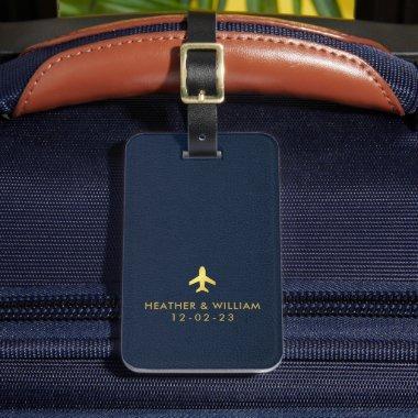 Gold Navy Blue Leather Destination Wedding Favors Luggage Tag