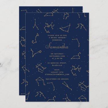 Gold Navy Blue Zodiac Constellations Bridal Shower Invitations