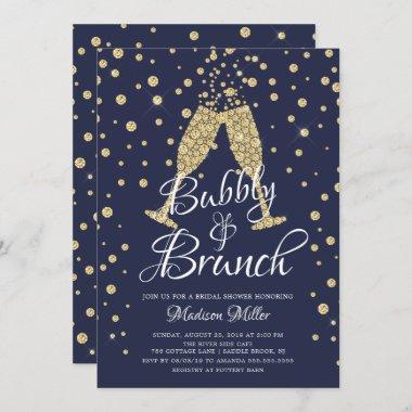 Gold & Navy Bubbly & Brunch Bridal Shower Invitations