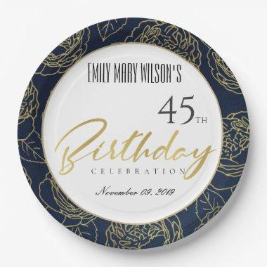 GOLD NAVY ELEGANT ROSE FLORAL ANY AGE BIRTHDAY PAPER PLATES