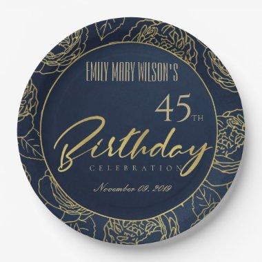 GOLD NAVY ELEGANT ROSE FLORAL ANY AGE BIRTHDAY PAPER PLATES
