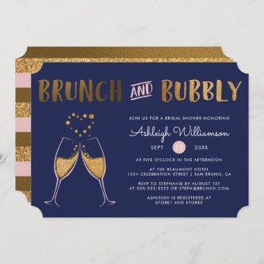 Gold Navy & Pink Brunch & Bubbly Bridal Shower Invitations