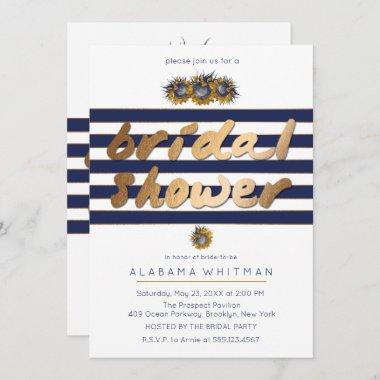 Gold & Navy Sunflower Bridal Shower Invitations
