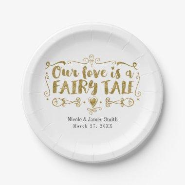 Gold OUR LOVE IS A FAIRY TALE Wedding Reception Paper Plates