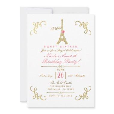 Gold Paris Eiffel Tower Pink Rose Sweet 16 Party Invitations