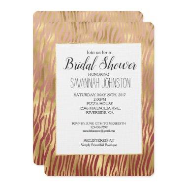 Gold Peach Red Chevron Zebra Stripes Bridal Shower Invitations