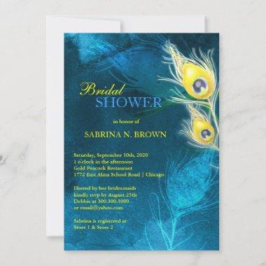Gold Peacock Feathers Blue Bridal Shower Invitations