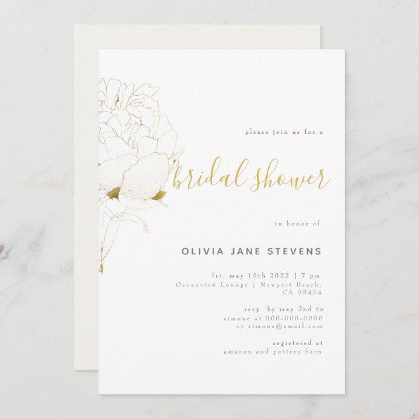 Gold Peony Elegant Floral Sketch BW Bridal Shower Invitations