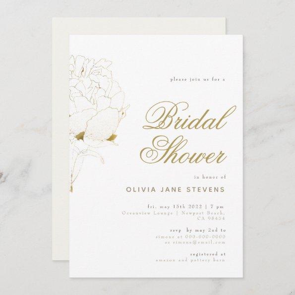 Gold Peony Elegant Script Floral BW Bridal Shower Invitations