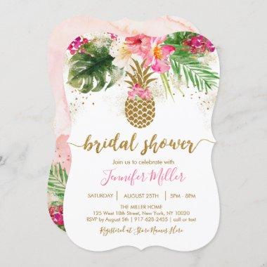 Gold Pineapple Floral Tropical Bridal Shower Invitations