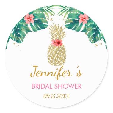 Gold Pineapple Glitter Pink Floral Bridal Shower Classic Round Sticker