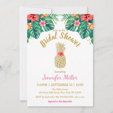Gold Pineapple Glitter Pink Floral Bridal Shower I Invitations