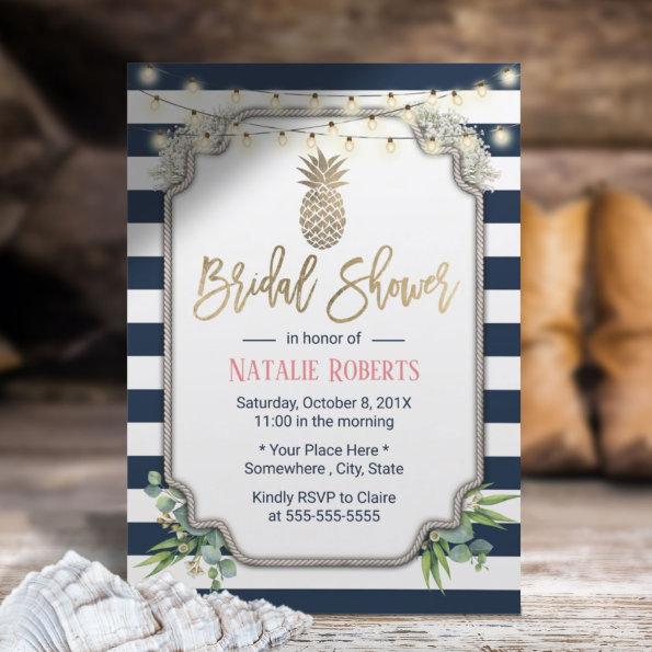 Gold Pineapple Navy Blue Stripes Bridal Shower Invitations