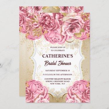 Gold pink blush rose floral watercolor bridal Invitations