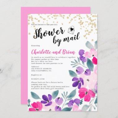 Gold pink floral watercolor baby shower by mail Invitations