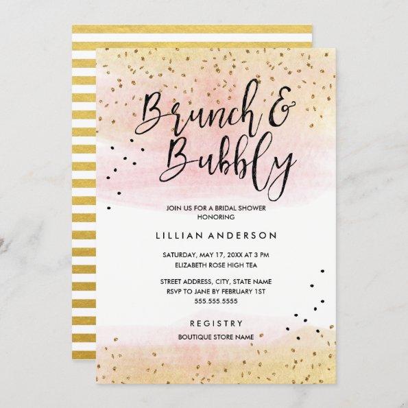 Gold Pink Glitter Brunch and Bubbly Bridal Shower Invitations