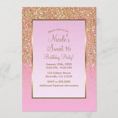 Gold & Pink Glitter Glam Shine Sweet 16 Party Invitations
