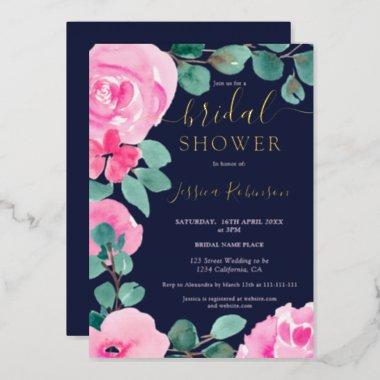 Gold pink green floral watercolor bridal shower foil Invitations