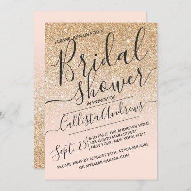 Gold Pink Sparkly Faux Glitter Ombre Bridal Shower Invitations