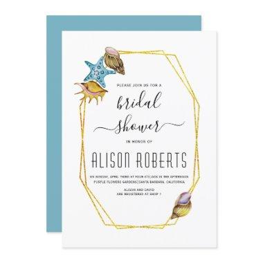 Gold polygon seashells beach wedding bridal shower Invitations