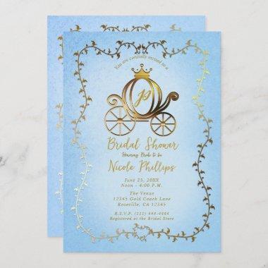 Gold Princess Carriage Blue Storybook Bridal Invitations