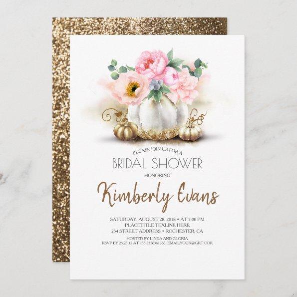 Gold Pumpkin Blush Pink Floral Fall Bridal Shower Invitations