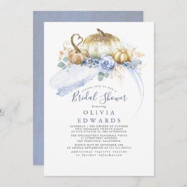 Gold Pumpkins Dusty Blue Floral Fall Bridal Shower Invitations