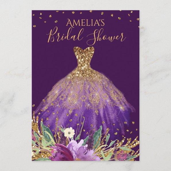 Gold Purple Amethyst Dress Bridal Shower Invite