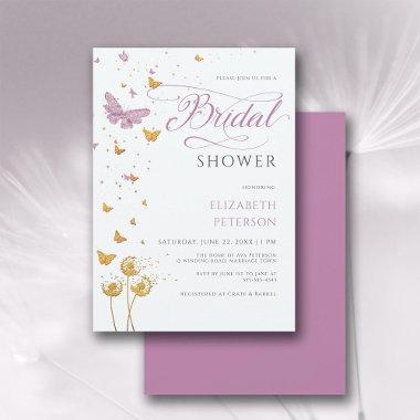 Gold Purple Butterfly Wildflowers Bridal Shower Invitations