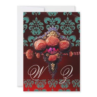 GOLD RED CORAL ROSES,BLUE BLACK DAMASK MONOGRAM Invitations