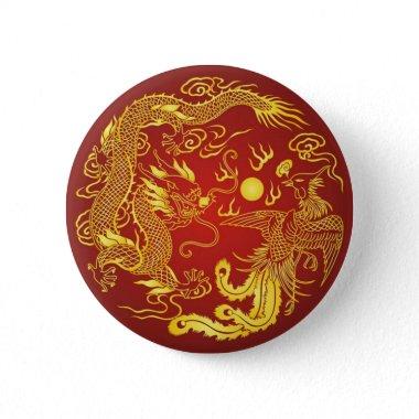Gold Red Dragon Phoenix Chinese Wedding Favor Button