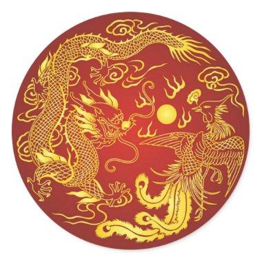 Gold Red Dragon Phoenix Chinese Wedding Favor Classic Round Sticker