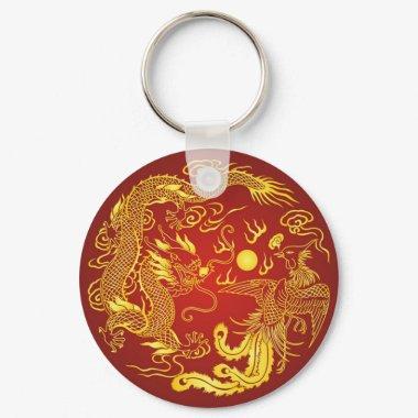 Gold Red Dragon Phoenix Chinese Wedding Favor Keychain