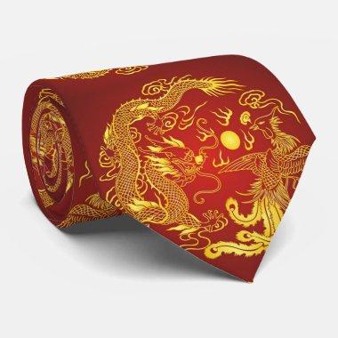 Gold Red Dragon Phoenix Chinese Wedding Favor Neck Tie