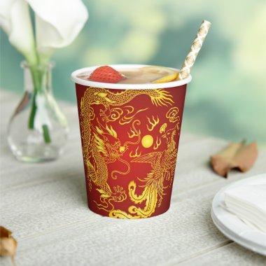Gold Red Dragon Phoenix Chinese Wedding Favor Paper Cups