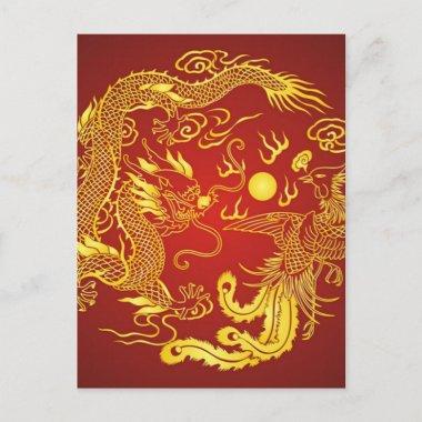 Gold Red Dragon Phoenix Chinese Wedding Favor PostInvitations