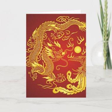 Gold Red Dragon Phoenix Chinese Wedding Favor Thank You Invitations