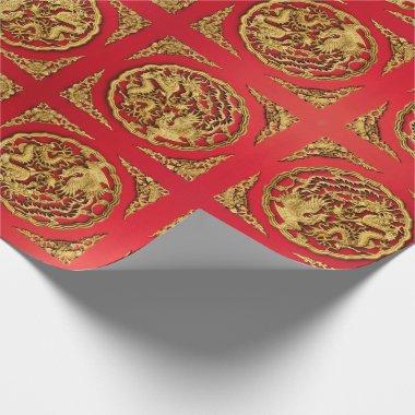 Gold Red Dragon Phoenix Chinese Wedding Favor Wrapping Paper
