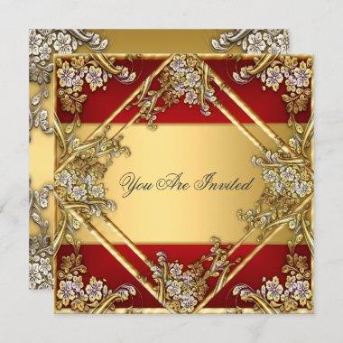Gold Red Floral Frame Party Invitations Gold Red