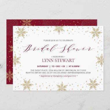 Gold & Red Winter Snowflake Wedding Bridal Shower Invitations